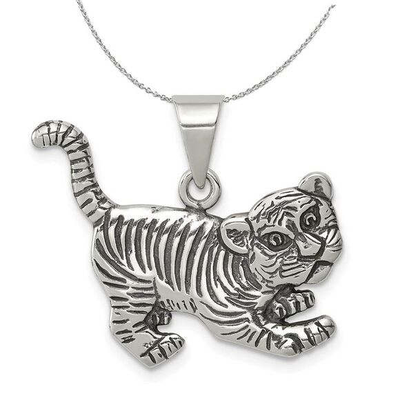 Sterling Silver Antiqued Tiger Cub Necklace - 24 Inch